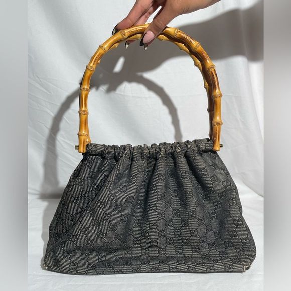 Gucci Bamboo GG Logo Navy Blue Canvas Hand Bag - Picture 12 of 14
